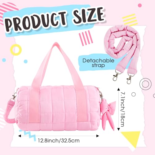 Image of 12.8 Inches Quilted Puffer Ballet Dance Bag Cute Tote Bag with Hanging Bow Pendant for Travel Dancing Dress