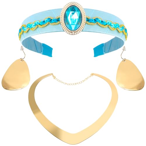 KICOSY Princess Costume Accessories for Women Blue Rhinestone Headband and Gold Chunky Choker Necklace Earrings for Halloween Cosplay & Themed Party