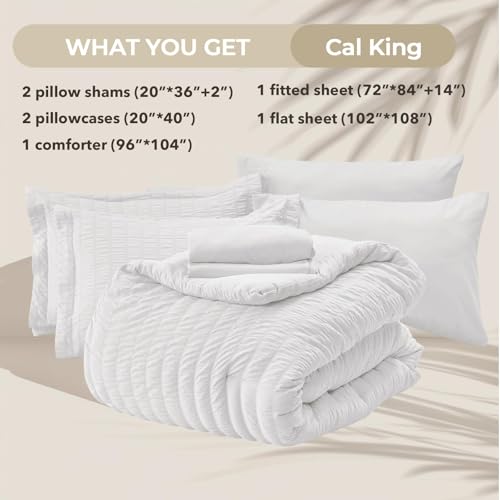 Image of HYMOKEGE White California King Comforter Set Seersucker 7 Pieces, All Season Luxury Bed in a Bag for Bedroom, Bedding Set with Comforters, Sheets, Pillowcases & Shams