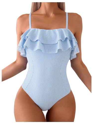 Floerns Women's One Piece Swimsuit Ruffle Trim Striped Print Monokini Swimwear