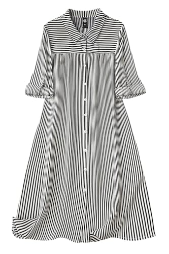 Image of Sheetal Associates Women's Black & White Vertical Striped Shirt Dress| Comfortable Relaxed Fit Summer Dress