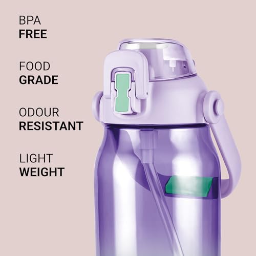 Image of MILTON Juwel 1000 Premium Crystal Clear Unbreakable Material Sipper Water Bottle | BPA Free | One-Touch Open|Leak-Proof | Sturdy Handle Cum Mobile Holder | Ideal for Office, School, Gym, 975ml, Purple