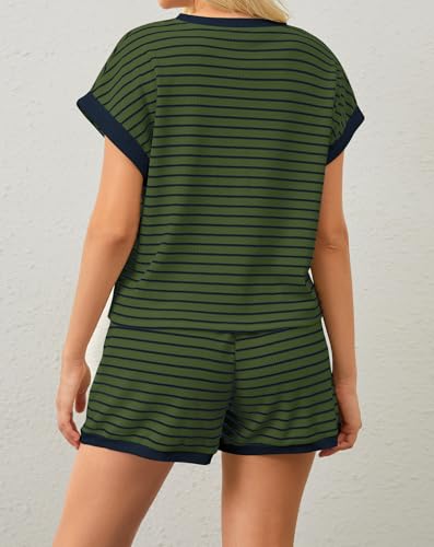 Image of MISSACTIVER 2 Piece Lounge Set Women Stripe Knit Short Sleeve Tee Shirts Shorts Casual Summer Loungewear Shorts Sets
