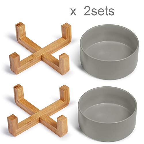 Supremery 2X Futternapf Katze mit Bambus Halter - Futterstation 2X Keramiknapf für Katzen Hunde - Keramik Fressnapf Set Futterbar mit Holz Halterung