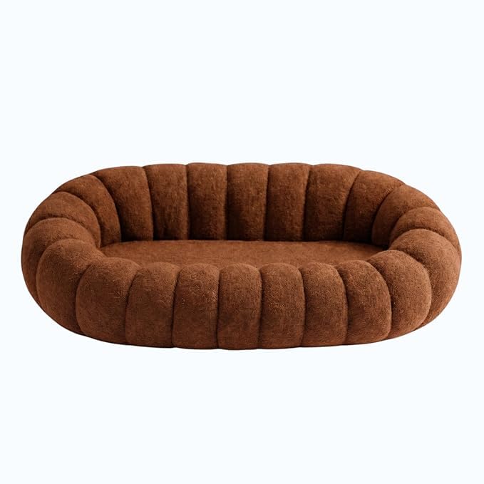 Image of CRAFTCITY Pumpkin Style Wooden Sofa | Contemporary Wool Sofa with Swen Pillow Back for Living Room (Brown, 4 Seater)