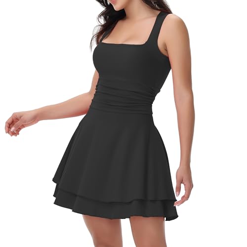 Women Square Neck Short Mini Party Dress Ruched Waist Ruffle Flowy Cute Cocktail Bodycon Formal Dresses Summer Fall4