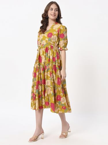 Image of PIDAVLIYA'S Women's Floral Summer Maxi Dress I Cotton Printed I One Piece Bodycon Midi Dress with V-Neck, Puffed Sleeves