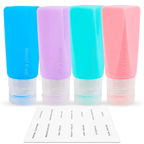 Flacons de Voyage, Rayyl 4pcs Flacon Voyage 90ml Étanches Bouteille de Voyage Silicone, Kit Voyage et Sac à Cosmétiques Transparent pour Les Soins Personnels de Lotion Cover