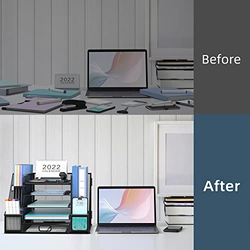 Supeasy Mesh Desk Organizer With File Holder 5-Tier Paper Letter Tray Organizer With Magazine Holder Desktop Organizer And Storage With Upright Sections For Office Supplies Home Or School (Black) #TOP4