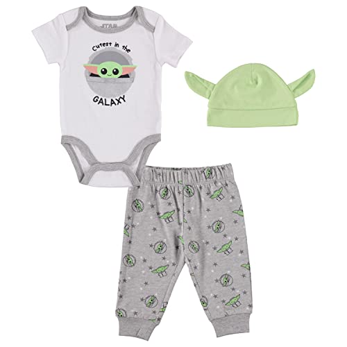 Image of STAR WARS Baby Boys Baby Yoda Clothing 3-Piece Set with Baby Bodysuit, Pants, and Hat - Newborn Boy Outfits