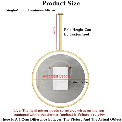 Round LED Lighted Double-Sided Bathroom Mirror, Touch Control Hanging Mirror for Bedroom, Hallway & Living Room, 50x50cm Ceiling Mounted Design