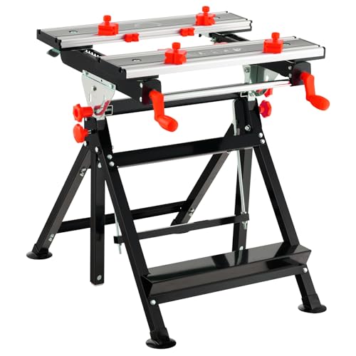 GiantexUK Folding Workbench, 7-level Adjustable Work Table with Tiltable Platform and 8 Sliding Clamps, Heavy Duty Workstation for Workshop Garage (Black + Red)