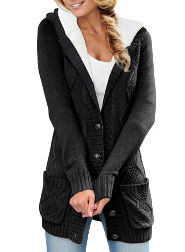 Sidefeel Women's Cardigan Sweaters Hooded Fleece Lined Button Down Front Jackets Winter Coat with Pockets