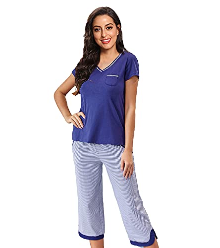 IZZY TOBY Women Cotton Pajamas Set with Capri Pant Soft Pjs Sleepwear Sets Short Sleeve Pockets Loungewear Navy M
