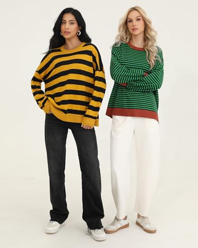 Image of Totatuit Womens Oversized Sweaters Casual Long Sleeve Crewneck Striped Knit Pullover Tops Cute 2025 Fall Sweaters