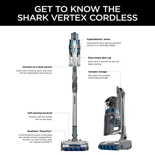 Image of Shark Vertex Cordless Stick Vacuum | Powerful Suction, 60min Runtime, No Hair Wrap | HEPA Filter, XL Dust Cup, DuoClean PowerFins, MultiFLEX Wand | Crevice Tool & Pet Multi-Tool | Silver | IZ464H