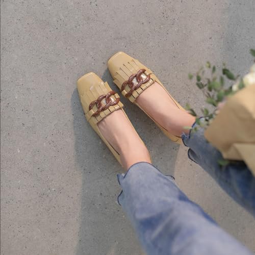 Image of Women's Retro Loafers Shoes Genuine Leather Square Toe Heeled Loafers for Women Slip on Chunky Heel with Chain Tassels Handmade