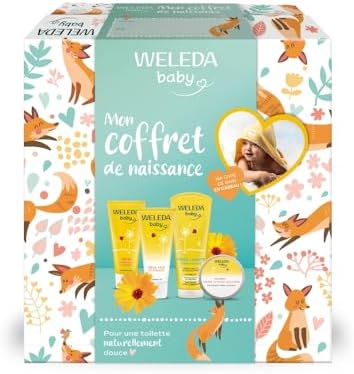 WELEDA - Coffret Cadeau Naissance - Soins Douceur Bébé au Calendula – Crème Lavante, Crème Visage, Crème Pour Le Change, Baume intense universel, Cape De Bain Coton Bio, NATRUE, 200ml+75ml+50ml+25g,
