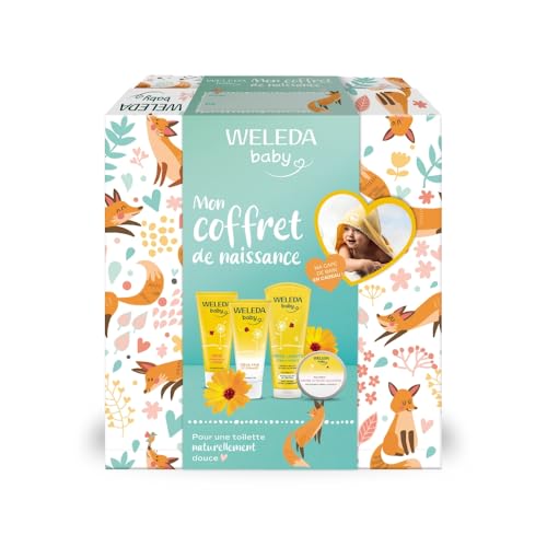 WELEDA - Coffret Cadeau Naissance - Soins Douceur Bébé au Calendula – Crème Lavante, Crème Visage, Crème Pour Le Change, Baume intense universel, Cape De Bain...