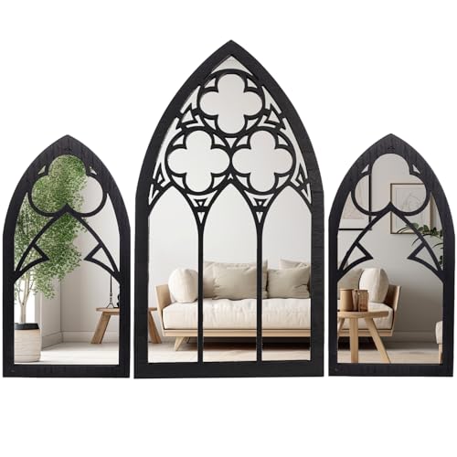 BULICADO Gothic Mirrors Wall Decor - 3 Piece Set 15.8 Inch Gothic Furniture Cathedral Mirrors - Halloween Decor for Bathroom and Kitchen - Goth Accessories for Bedroom - Witchy Gifts for Women