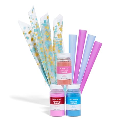 Nostalgia FSCC8 Cotton Candy Party Kit 3 Flavors, 4 Reusable Cones, 10 Floss Bags, 1, blue