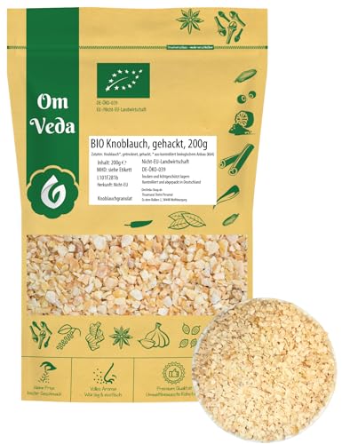BIO Knoblauchgranulat 200g | Premium Bio Knoblauch getrocknet für Kochen, Dips, Aioli, Soßen, Marinaden | Ohne Zusatzstoffe | Vegan, glutenfrei | Granulierter Knoblauch für Gewürze & BBQ | OmVeda