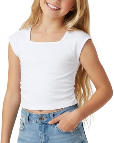 Coaturi Girls Short Sleeve Crop Tops: Summer Square Neck Side Drawstring Tees Summer Casual T Shirts Size 7-14 Years(White 11-12 Years)