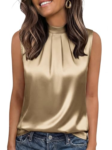 Image of Funlingo Women's Silk Satin Tank Tops Mock Neck Camisole Dressy Sleeveless Blouse Business Casual Pleated Summer Shirts 2026