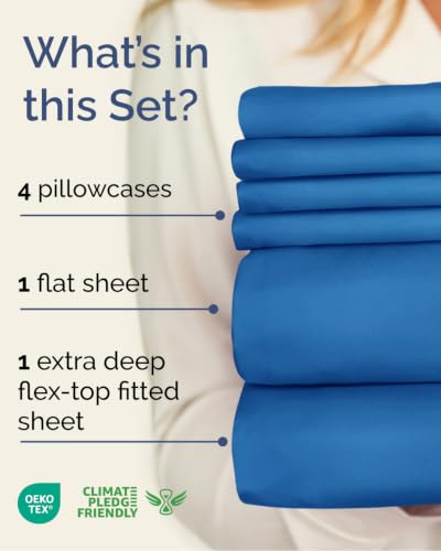 Image of Flex Top Split Head King 6 Piece Sheet Set - Soft & Cooling - Royal Blue | Ultra Soft Hotel Luxury Bedding Set w / 8-16 Inch Deep Pockets, 1 Flat & 1 Split-Head Fitted Sheet & 4 Pillowcases, Fade Free