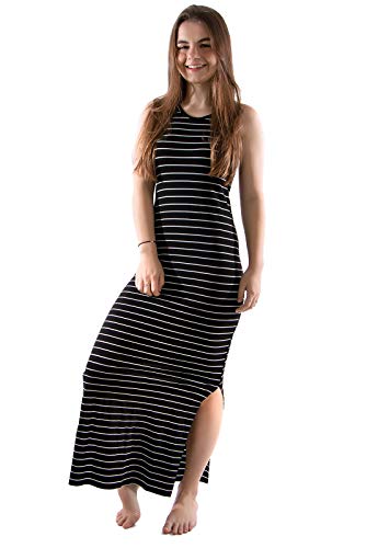 Vestido 4 Estações Listrado Longo Fenda Feminino Regata (Preto, M)