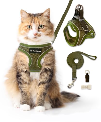 (シリーズ累計2万個突破) Petiam 猫 ハーネス リード 猫用 抜けない ダブルロック リードセット 迷子札付き お散歩セット (グリーン, S)
