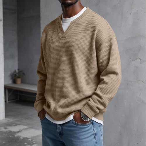 Mens Layered Comfort Waffle Shirt Long Sleeve V Neck Fake 2 Piece Shirts - image 3