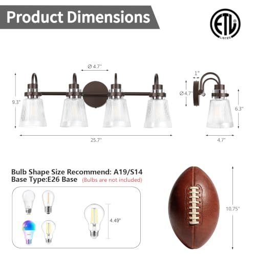 Image of Vintage Farmhouse Vanity Wall Sconce Lighting, 4-Light Oil Rubbed Bronze Bathroom Vanity Light Over Mirror with Clear Striped Glass Shade, 25.7 inch Retro Wall Lamp for Bedroom Living Room