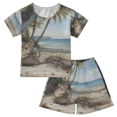 ALAZA Mouse on The Summer Beach Pajama Set Short Sleeve Sleepwear Soft Lounge Nightwear