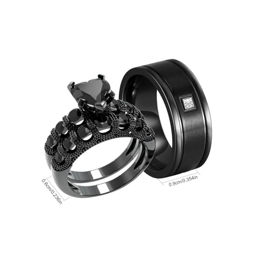 Couple Rings Black Matching Rings 1CT Heart Black CZ Women Wedding Ring Sets for Him and Her Men Wedding Band2