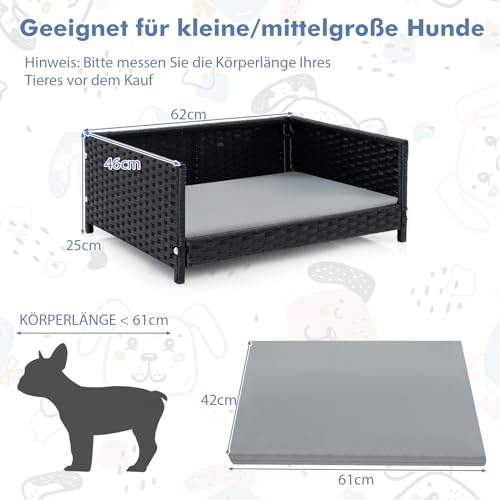 COSTWAY Hundebett aus PE-Rattan, Haustierbett mit abnehmbarem Kissen & waschbarem Bezug, Metallrahmen, erhöhtes Hundesofa für kleine/mittelgroße Hunde, Hundecouch für drinnen draußen, 62x46x25cm
