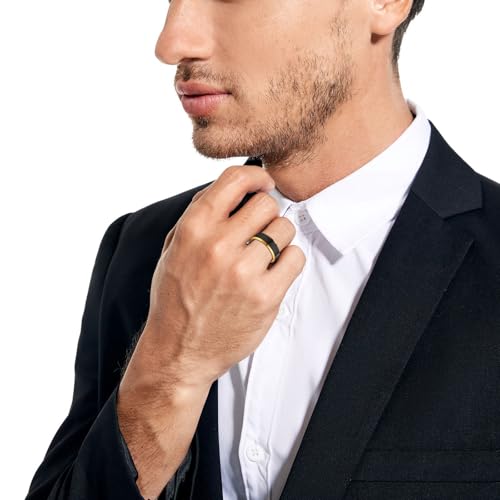 NUNCAD 8mm Tungsten Ring for Men, Black and 14K Gold Mens Wedding Band Matte Brush Finish, Beveled Polished Edge, Comfort Fit, Size 7-123