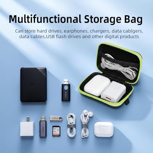 Image of Earbud Case Portable EVA Storage Bag Cell Phone Accessories Organizer with Carabiner for Wired /Wireless Earphone, Earbud, Earpieces, SD Memory Card, Camera Chips, Tech Pouch, Rectangle, Green