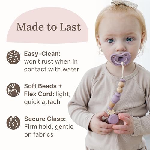 Image of Silicone Pacifier Clip - Metal-Free, Rust-Free, 100% Food-Grade Silicone and Natural Beech Wood, Secure Pacifier Holder for Babies- Mauve - Mila & Lulu | Metal-Free and Rust-Free
