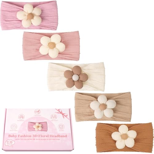CÉLLOT 5 Pcs Baby Flower Headbands Baby Girls Nylon Headbands Soft Hairbands Hair Accessories for Newborn Infant Toddler Kids - Image 3