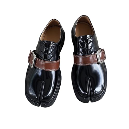 ZQW Tabi Shoes for Women Men Patent Leather British Loafers Buckle Lace-Up Slip-On Split-Toe Shoes for Fashion Streetwear