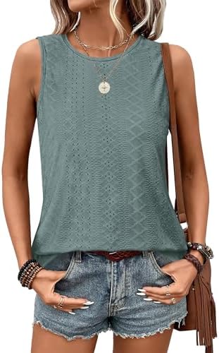 Womens Tank Tops Round Neck Sleeveless Shirts Flowy Loose Fit Basic Casual Eyelet Summer Tops Fashion Tanks