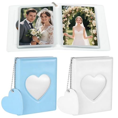 Juego de 2 mini álbumes de inserción, 36 bolsillos por álbum, portatarjetas fotográficas en forma de corazón, para fotos, tarjetas de identificación, tarjetas, blanco y azul, encuadernación compacta