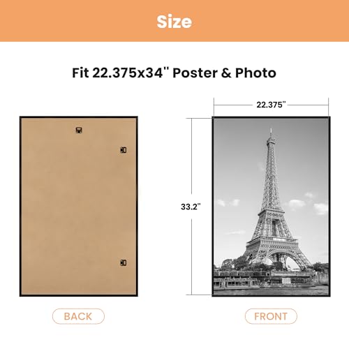 Image of upsimples 22.375 x 34 Poster Frame Black 3 Pack, Scratch-Proof Picture Frames 22.375x34 for Photo Gallery - Slide-in Strips, Horizontal or Vertical Wall Mounting