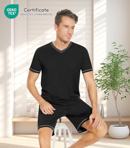 Image of NACHILA Pajamas for Men Pj Short Sleeve Sleepwear with Shorts V Neck Loungewear Cool Pajama,Viscose Made from Bamboo