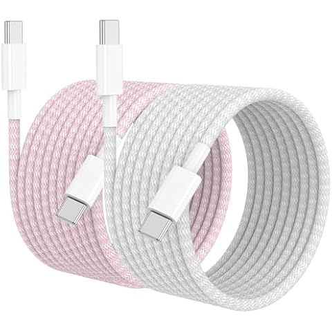 Cabepow 2 Pack 60W Apple USB C to USB C Cable 10ft,Long Braided iPhone 15 Charger Cord Type C to Type C Fast Charging Cable for iPhone 15,15 Pro,15 Pro Max,15 Plus,MacBook Air/Pro,iPad Pro-White+Pink Cover