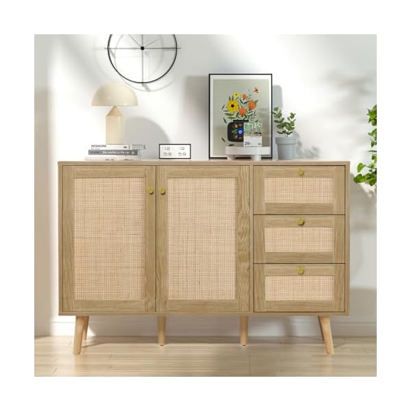 Anmytek rattan sideboard buffet cabinet with 2 doors and 3 drawers buffet cabinet with storage wood credenza storage cabinet for living room dining room hallway kitchen natural oak h0088  urban country home decor