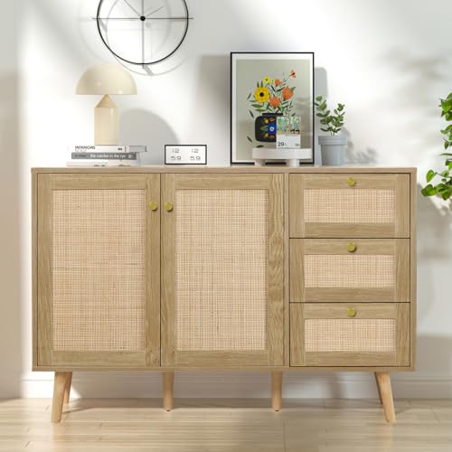 Anmytek Rattan Sideboard Buffet Storage Cabinet with 2 Doors and 3 Drawers, Buffet Cabinet with Spacious Storage, Wood Kitchen Sideboard Credenza Table, Natural Oak H0088