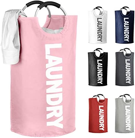 IHOMAGIC 91L Collapsible Laundry Bin Independent Fabric Laundry Hamper with Comfortable Handle Laundry Washing Bin with Smiley Pattern Clothes Organizer for Home, Travel 15x15x28.3 in (Navy Blue)