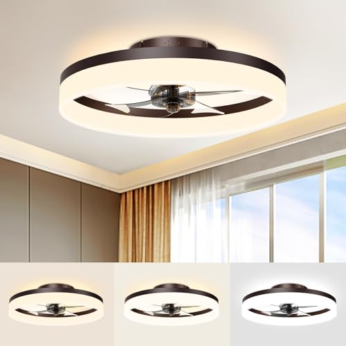 Image of VOLISUN Low Profile Ceiling Fans with Lights and Remote, 19.7in Fandelier Ceiling Fan Flush Mount, 3000K-6500K Smart Bladeless LED Fan Light, Brown Modern Ceiling Fans with Lights for Bedroom